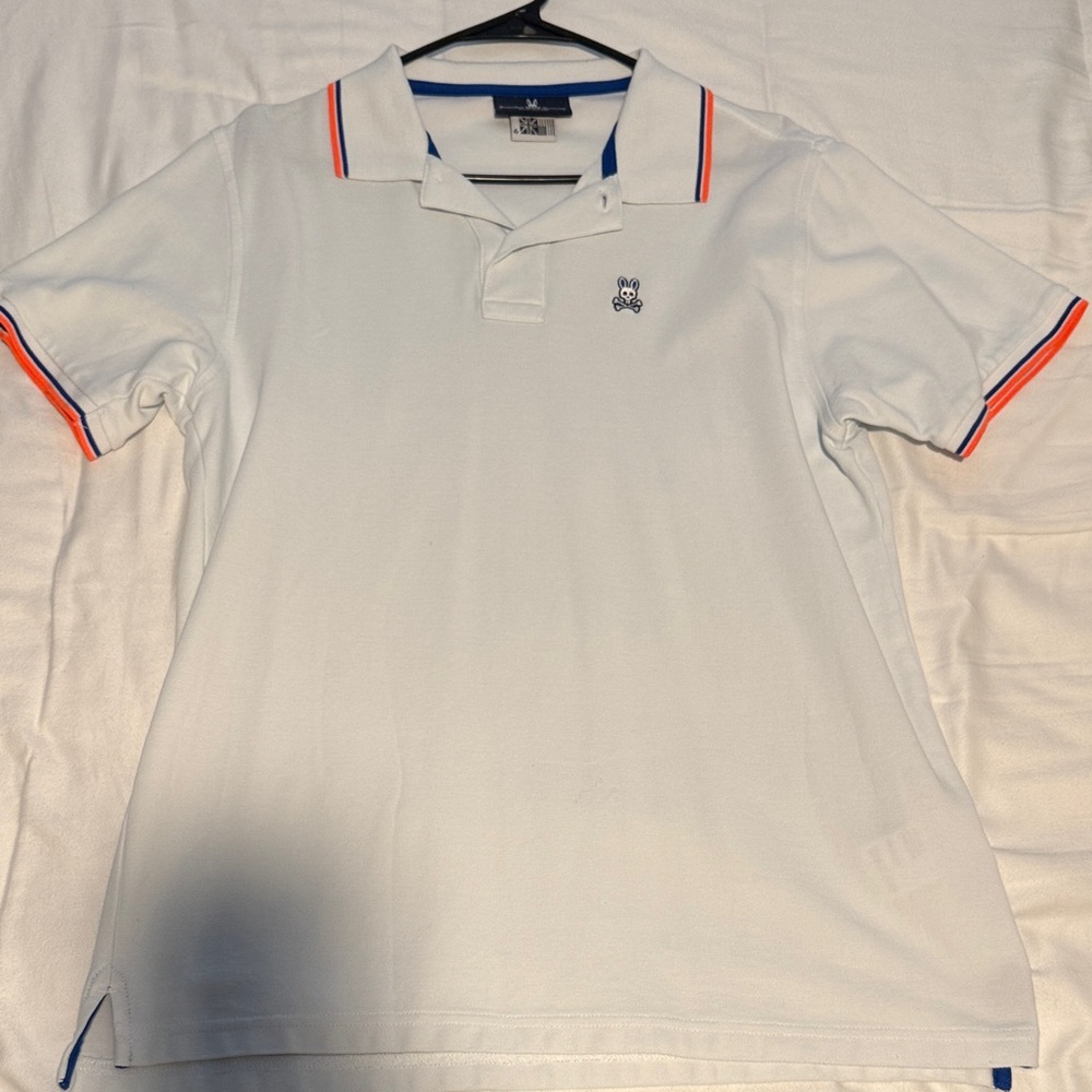 White Psycho Bunny Shirt with Orange and Blue Accents
